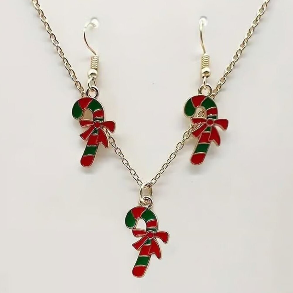 Gold Christmas CANDY CANE Jewelry Set Necklace Earrings